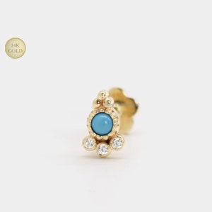 14K Solid Gold Turquoise CZ Beaded Cluster Internally Threaded Ear Cartilage Stud, Flatback Earring, Tragus, Conch, Ear Piercing, 18 Gauge