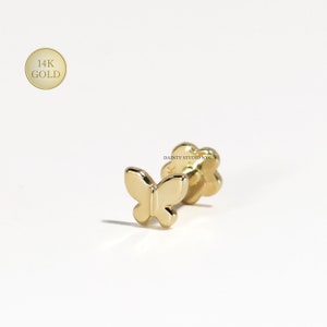 14K Solid Gold Tiny Butterfly Internally Threaded Ear Cartilage Stud, Flat Back Earring, Tragus, Conch, Helix, Ear Lobe, Ear Piercing, 18GA