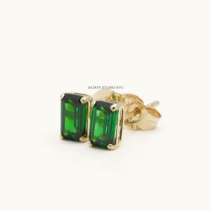 14K Solid Gold Green Emerald CZ Rectangular Cut Stud Earrings 5x3mm, Tiny Rectangular Earrings, Second Hole Earrings