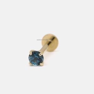 14K Solid Gold Tiny Natural London Blue Topaz 2.5mm Internally Threaded Cartilage Stud Earring, Tragus Stud, Conch, Flat Back Earring, 18G
