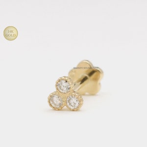 14K Solid Gold Genuine Tiny Diamonds Trinity Cluster Internally Threaded Cartilage Stud Earring, Tragus, Conch, Flat Back Earring, 18 Gauge