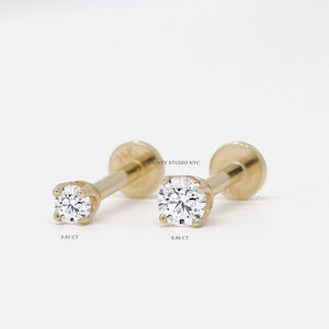 14K Solid Gold Tiny Lab Grown Diamond Round Cut 0.03CT(2mm), 0.06 CT(2.5mm) Internally Threaded Cartilage Stud, Tragus, Conch, 18GA