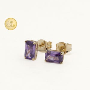 14K Solid Gold Purple Amethyst CZ Rectangular Cut Stud Earrings 5x3mm, Second Hole Earrings