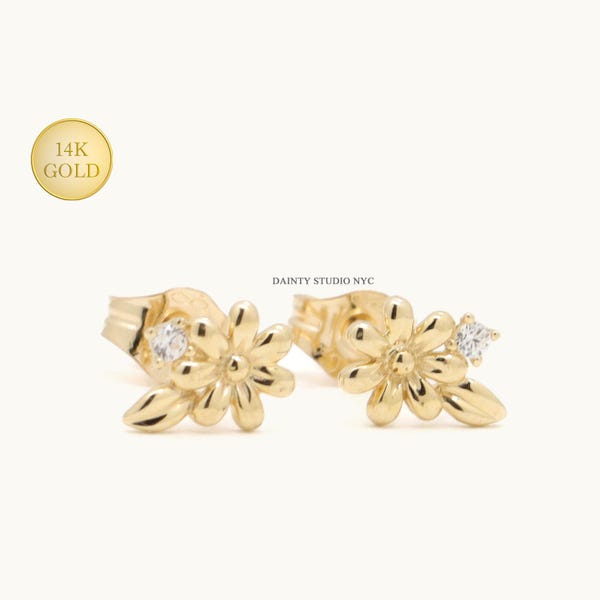 14K Solid Gold Tiny CZ Flower Floral Blossom Stud Earrings, Second Hole Earrings, Daily Earrings