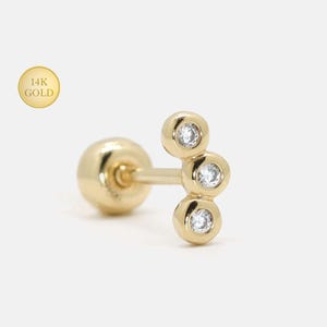 14K Solid Gold Tiny 3CZ Curved Climber Bezel Setting Earring, Rounded Hexagon Ball End Screw Back, Three Stone Cluster Earring