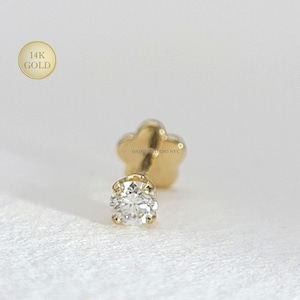 14K Solid Gold Tiny Genuine Diamond Internally Threaded Cartilage Stud Earring, Tragus Stud Earring, Conch Stud, Flat Back Earring, 18 GA