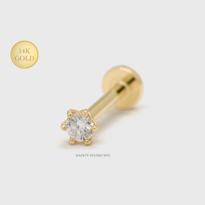 14K Solid Gold Tiny Lab Grown Diamond Ear Cartilage Stud Earring: 2 mm (0.03 ct), Threaded Flat Back, Tragus, Conch, Helix, 18G