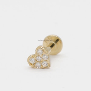 14K Solid Gold Tiny CZ Pave Heart Internally Threaded Ear Cartilage Stud, Flat Back Earring, Ear Lobe, Tragus, Ear Piercing, 18 Gauge