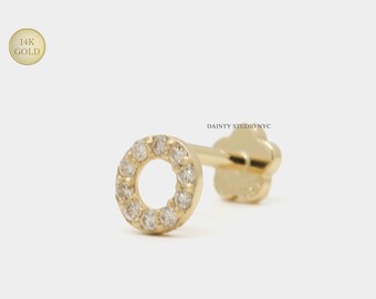 14K Solid Gold Genuine Tiny Diamonds Open Circle Ring Internally Threaded Cartilage Stud Earring, Tragus, Conch, Flat Back Earring, 18Gauge