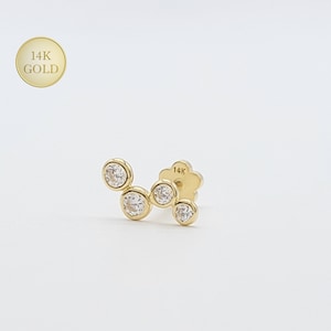14K Solid Gold Four CZ Round Bezel Setting Cluster Internally Threaded Ear Cartilage, Ear Lobe, Tragus, Conch, Flat Back Earring, 18 Gauge