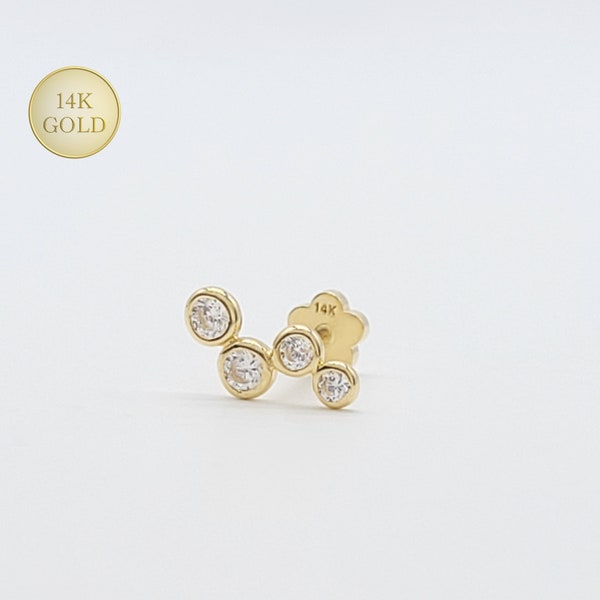 14K Solid Gold Four CZ Round Bezel Setting Cluster Internally Threaded Ear Cartilage, Ear Lobe, Tragus, Conch, Flat Back Earring, 18 Gauge