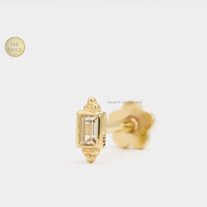 14K Gold Tiny Bead Cluster CZ Rectangle Baguette Internally Threaded Ear Cartilage, Tragus Stud, Conch, Helix, Flat Back Earring, 18GA