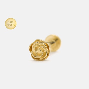 14K Solid Gold Tiny Rose Flower Cartilage FlatBack Stud Earring: Internally Threaded, Helix, Ear Lobe, Tragus, Conch, Ear Piercing, 18Gauge