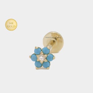 14K Solid Gold Super Tiny Turquoise Flower 3mm Internally Threaded Ear Cartilage Stud, Flat Back Earring, Tragus, Conch | 18 Gauge