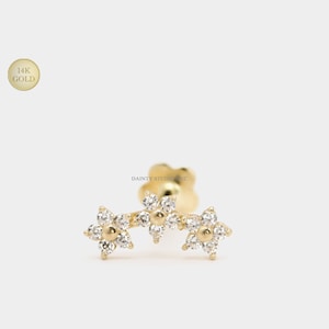 14K Solid Gold Three CZ Flowers Climber Crawler Internally Threaded Cartilage Stud Earring, Earlobe, Conch, Tragus, Flat Back Earring, 18GA