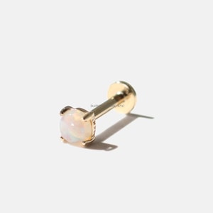 14K Solid Gold Genuine Natural Australian Opal 3mm Internally Threaded Ear Cartilage Stud, Flat Back Earring, Tragus,  Conch, Helix, 18G