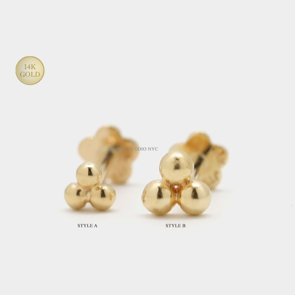 14K Solid Gold Trinity Beads Cluster Internally Threaded Ear Cartilage Stud, Flat Back Earring, Conch, Tragus, Gold Ear Piercing, 18GA