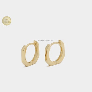 14K Solid Gold Tiny Square Hoop Huggie Hoop Earring, Minimalist Hoop Earrings, Mini Octagon Hoop, Cartilage Hoop Earrings, Helix Hoop