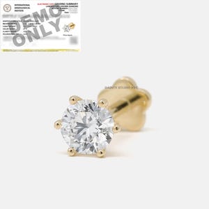 14K Gold REAL Lab Grown Diamond Round Cut 0.2CT Internally Threaded Ear Cartilage Stud, Flat Back Earring, Conch, Tragus, Ear Lobe, 18GA