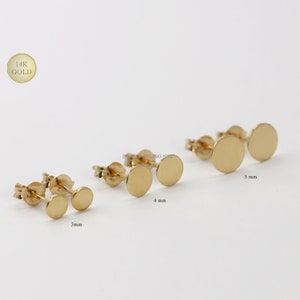 14K Solid Gold Tiny Flat Circle Disc Dot Stud Earrings 3mm, 4mm, 5mm, Second Hole Earrings, Daily Earrings
