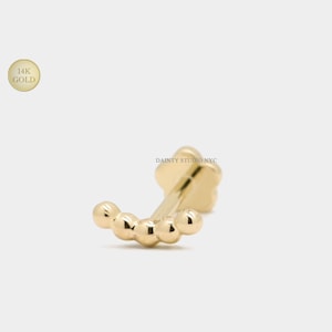 14K Solid Gold Curved Line Beads Cluster Bar Internally Threaded Ear Cartilage Stud, Flat Back Earring, EarLobe, Tragus, Conch, 18GA