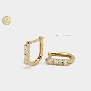 14K Solid Gold Opal U Shape Huggie Hoop Earrings, Opal Minimalist Hoop Earrings, Oval Hoops Earrings, October Birthstone Hoop Earrings