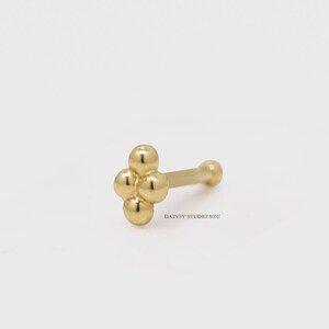 14K Solid Gold Tiny Four Ball Bead Cluster Nose Bone Stud 22 Gauge, Tiny Ball End Style Nose Piercing, Nostril Piercing Jewelry
