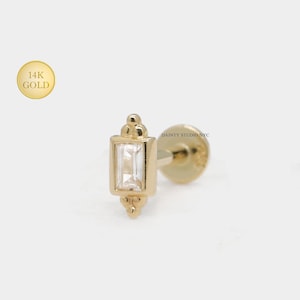 14K Gold Tiny Bead Cluster CZ Rectangle Baguette Internally Threaded Ear Cartilage, Tragus Stud, Conch, Helix, Flat Back Earring, 18 Gauge