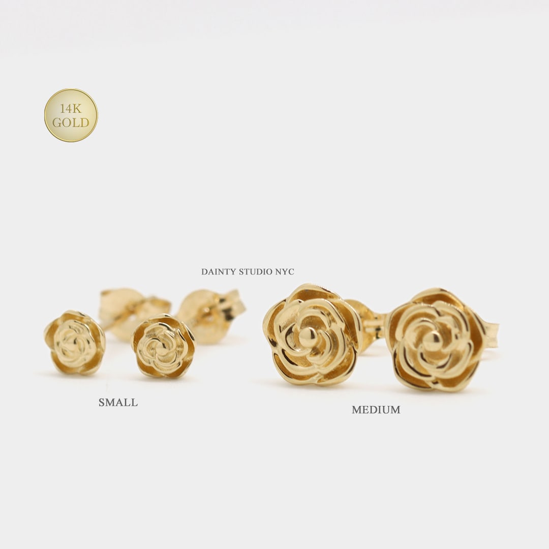 14K Solid Gold Rose Flower Stud Earrings, Real Solid Gold Floral ...