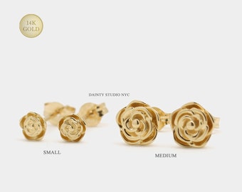 14K Solid Gold Rose Flower Stud Earrings, Real Solid Gold Floral Earrings, Blossom Earrings, Daily Earrings, Second Hole earrings