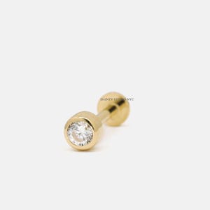 14K Gold Tiny CZ Solitaire Bezel Setting Internally Threaded Ear Cartilage, Tragus Stud, Conch, Helix, Flat Back Earring, 18 Gauge