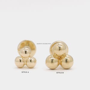 14K Solid Gold Trinity Beads Cluster Internally Threaded Ear Cartilage Stud, Flat Back Earring, Conch, Tragus, Gold Ear Piercing, 18GA