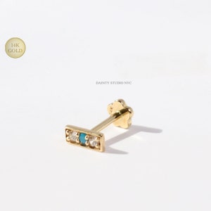 14K Solid Gold Turquoise CZ Stick Bar Internally Threaded Ear Cartilage Stud, Flat Back Earring, Ear Lobe, Tragus, Conch, 18 Gauge
