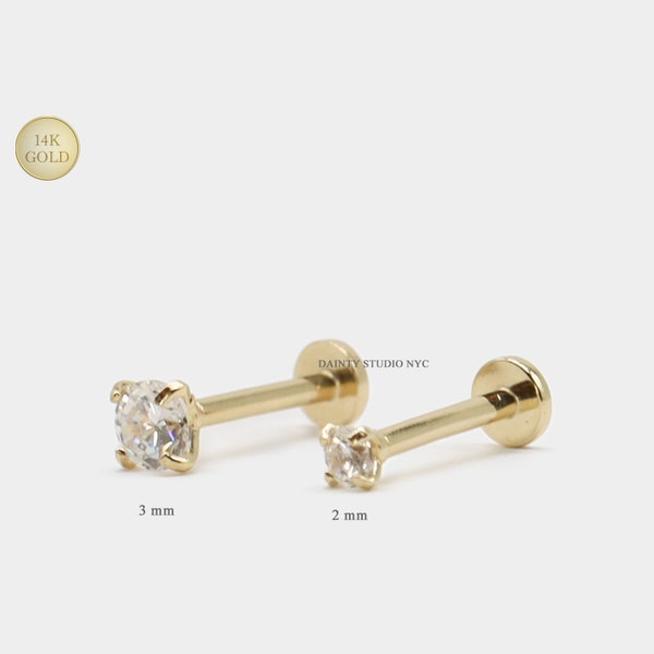 14K Real Gold CZ Round 2MM, 3MM Internally Threaded Ear Cartilage Stud, Flat Back Earring, Ear Lobe, Tragus, Helix, Conch, 18Gauge