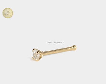 14K Solid Gold CZ 2MM Thin Nose Bone Stud 22 Gauge, Tiny Ball End Style Nose Stud Bone, Nostril Piercing Jewelry