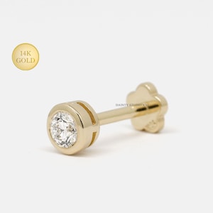 14K Gold Lab Grown Diamond Round Cut 0.14CT Bezel Set Internally Threaded Ear Cartilage Stud, Flat Back Earring, Conch, Tragus, EarLobe, 18G
