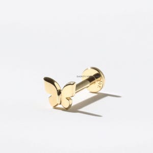 14K Solid Gold Tiny Butterfly Internally Threaded Flatback Cartilage Stud Earring, Tragus, Conch, Helix, Ear Lobe, Ear Piercing, 18 Gauge