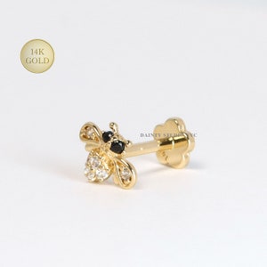 14K Solid Gold CZ Honey Bee Internally Threaded Ear Cartilage Stud, Flat Back Earring, Tragus Stud, Conch, Helix, Ear Piercing, 18GA