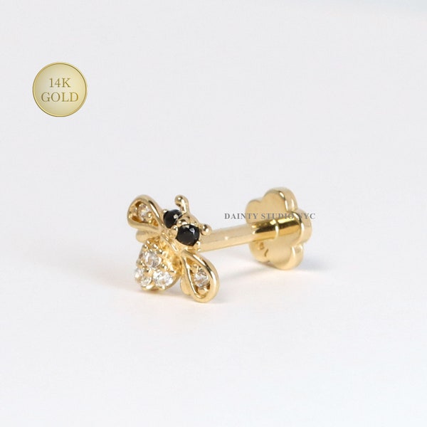 14K Solid Gold CZ Honey Bee Internally Threaded Ear Cartilage Stud, Flat Back Earring, Tragus Stud, Conch, Helix, Ear Piercing, 18GA
