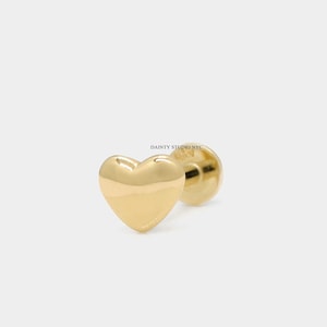 14K Solid Gold Heart Internally Threaded Ear Cartilage Stud, Flat Back Earring, Ear Lobe, Tragus, Conch, Helix, Ear Piercing, 18 Gauge