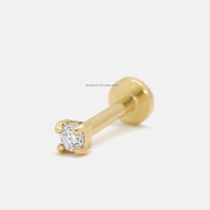 Tige de cartilage à filetage interne, très petit diamant véritable 14 carats cultivé en laboratoire, 0,02 carat, tragus, conque, boucle d'oreille à dos plat, 18G