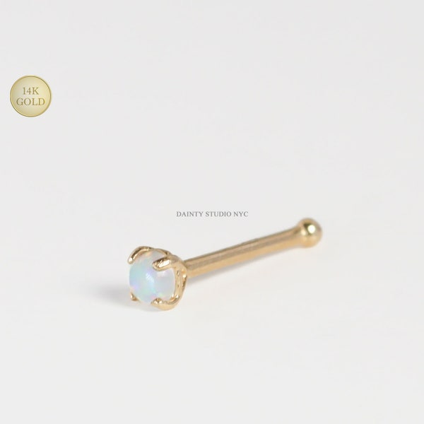 14K Solid Gold Opal 2MM Nose Bone Stud 22 Gauge, Ball End Style Thin Nose Stud Bone, Nostril Piercing Jewelry