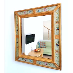 Vintage large mirror with reverse hand painted frame, glass painting art, wall mirror with gilded frame, boho wall decor