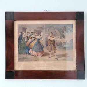 Antique wooden brown frame, vintage French engraving, hand colored antique etching, hand made victorian picture frame