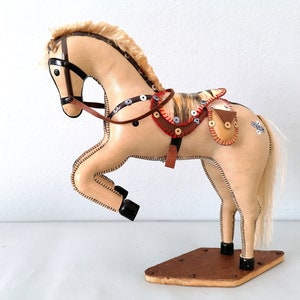 Leather horse figure, hand stitched leather horse, saddled horse statue, chestnut horse, horse collectible, vintage horse figure