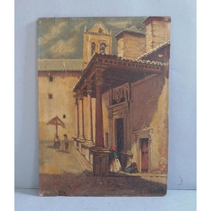 Vintage art, oil on cardboard painting
