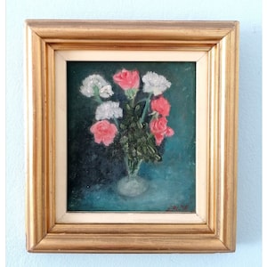 Vintage floral oil painting, still life flowers, gilded frame oil painting, fine art roses, pink roses oil on cardboard, white flowers,