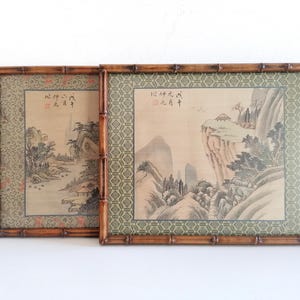 Set of 2 vintage oriental paintings, vintage chinoiserie home decor, antique hand painted oriental landscape, Japanese art