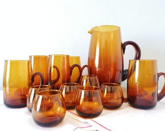 Vintage Amber Glass Pitcher Set, Mid Century Drinkware