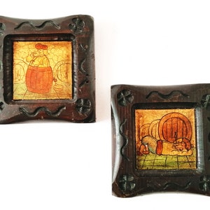 Vintage Hand-Carved Wooden Hot Pot Stands, Vineyard Comic Scenes (Set of 2)